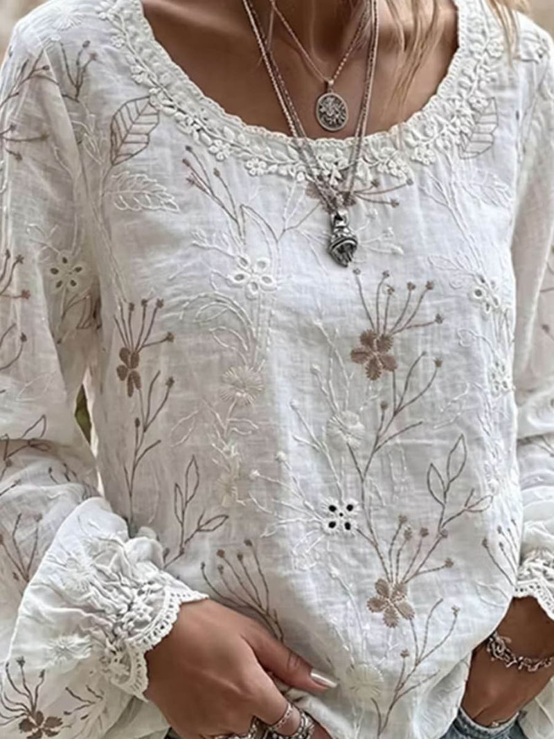 Women's White Wildflower Print Lace Scoop Neck Long Sleeve Blouse