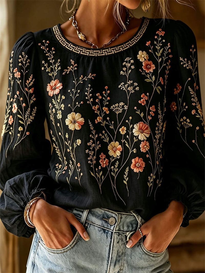 Women's Black Multicolor Wildflower Geometric Round Neck Long Sleeve Blouse