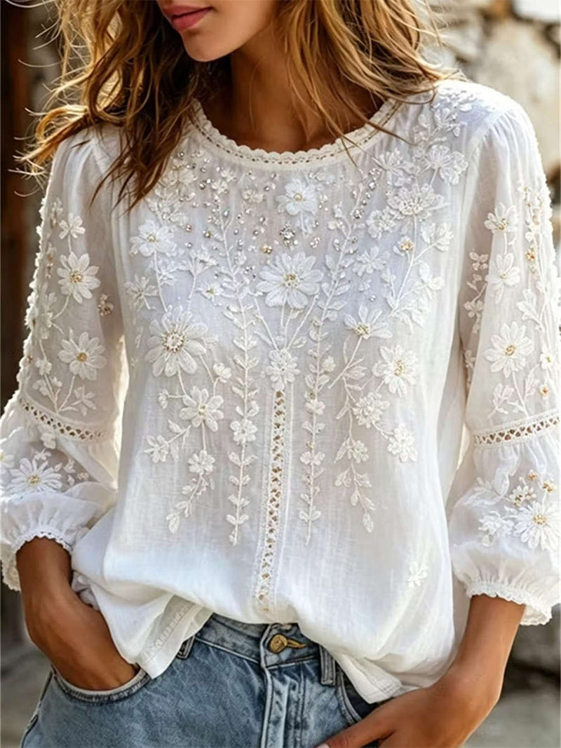 Women's White Daisy Floral Embroidery Round Neck Puff Three Quarter Blouse