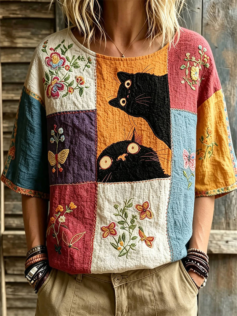 Women's Multicolor Patchwork Black Cat Butterfly Floral Embroidery Round Neck 3/4 Sleeve Blouse