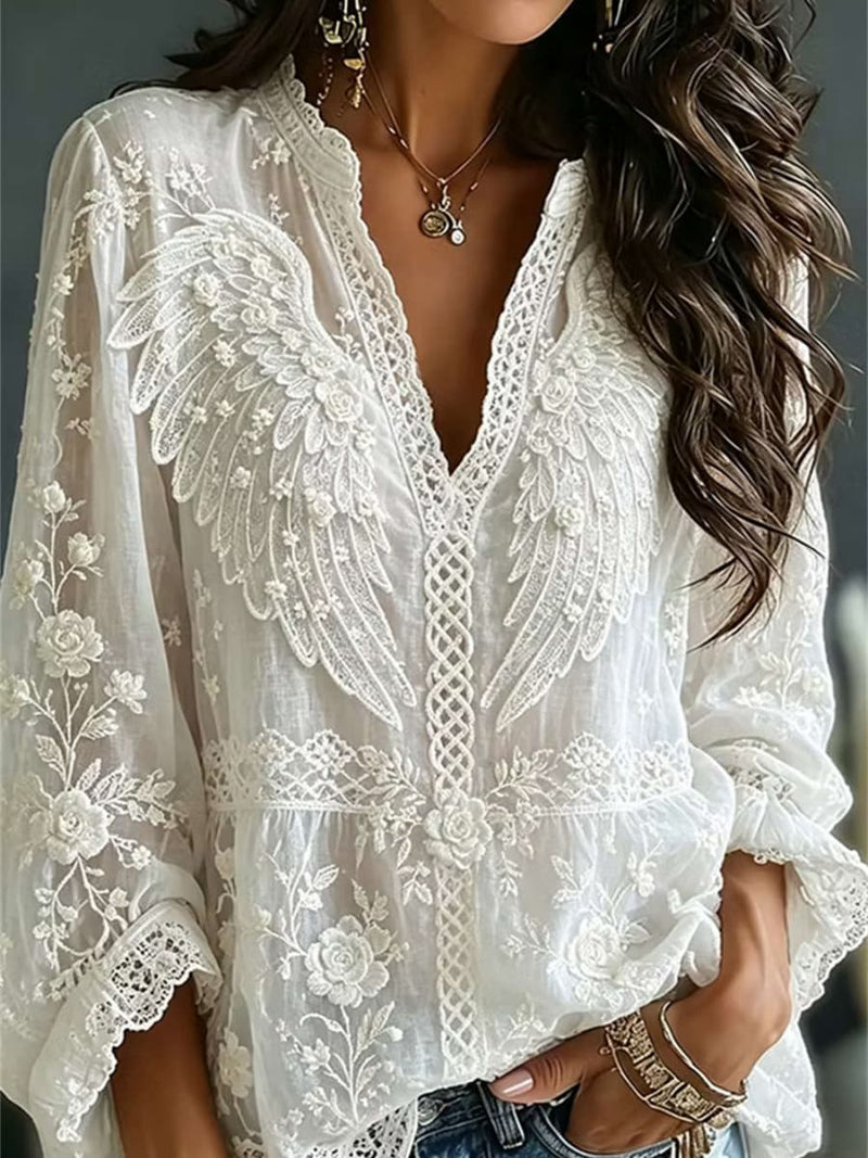 Women's White Wing Floral Lace V Neck Long Sleeve Blouse