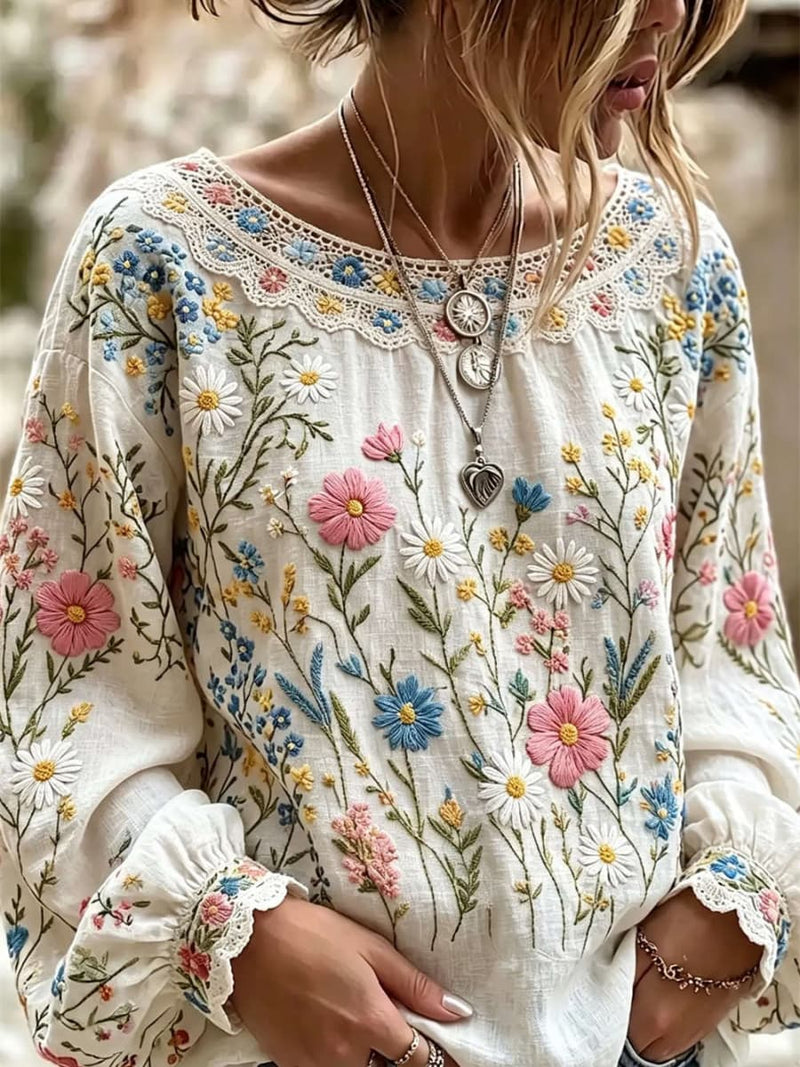 Women's Multicolor Wildflower Print Hollow Round Neck Long Sleeve Blouse