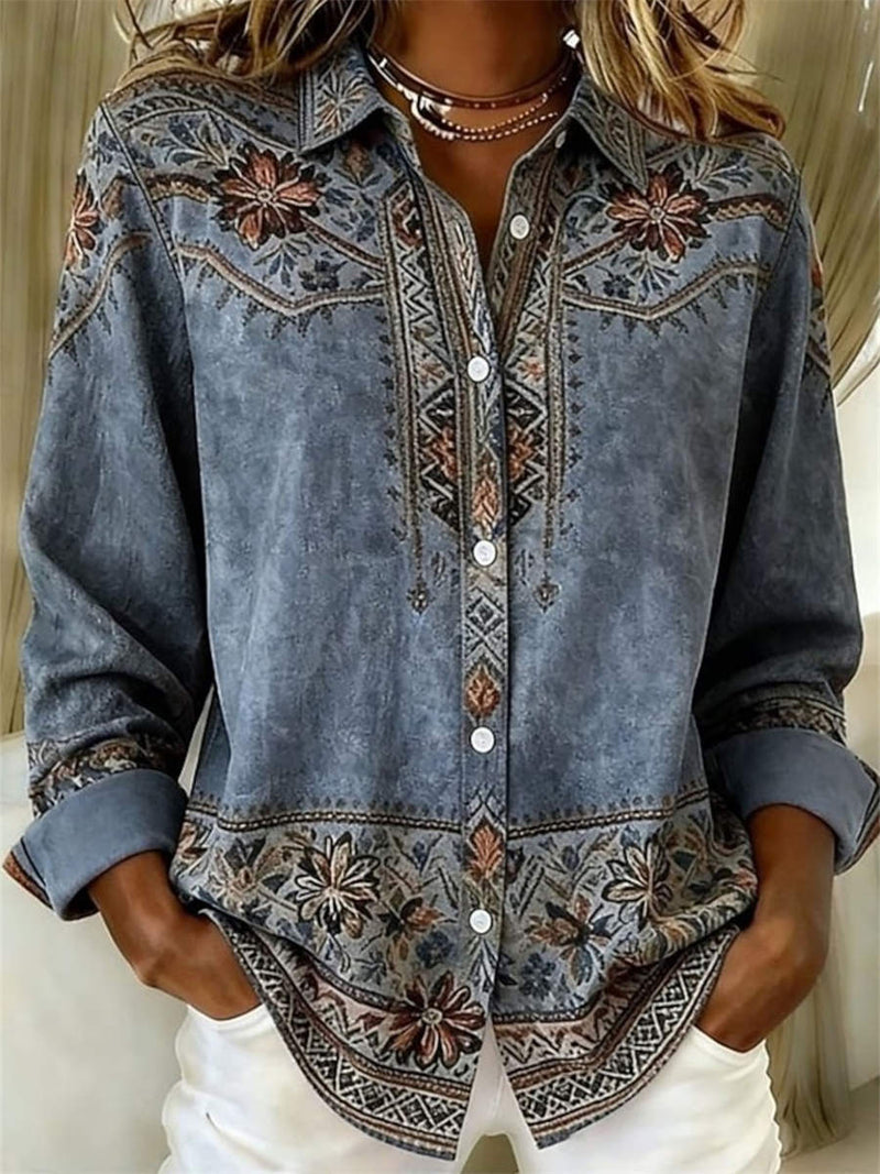 Women's Washed Blue Ethnic Floral Lapel Collar Long Sleeve Shirt