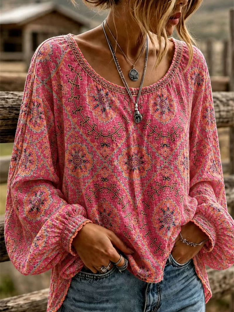 Women's Pink Boho Ethnic Print Round Neck Long Sleeve Blouse
