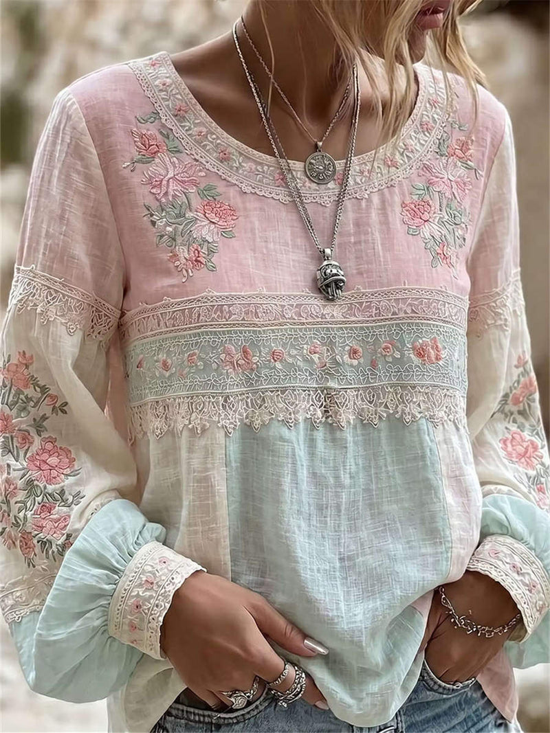 Women's Pink Mint Floral Print Patchwork Round Neck Long Sleeve Blouse