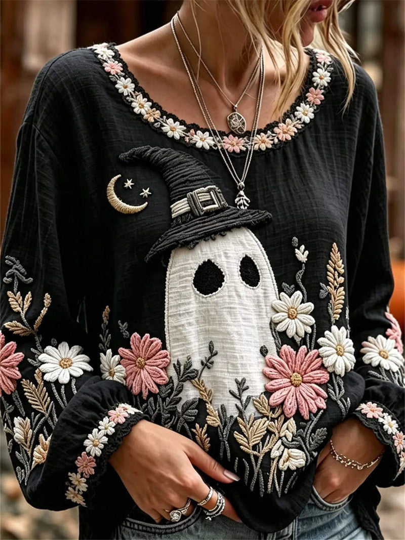 Women's Halloween Black Ghost Floral Print Round Neck Long Sleeve Blouse