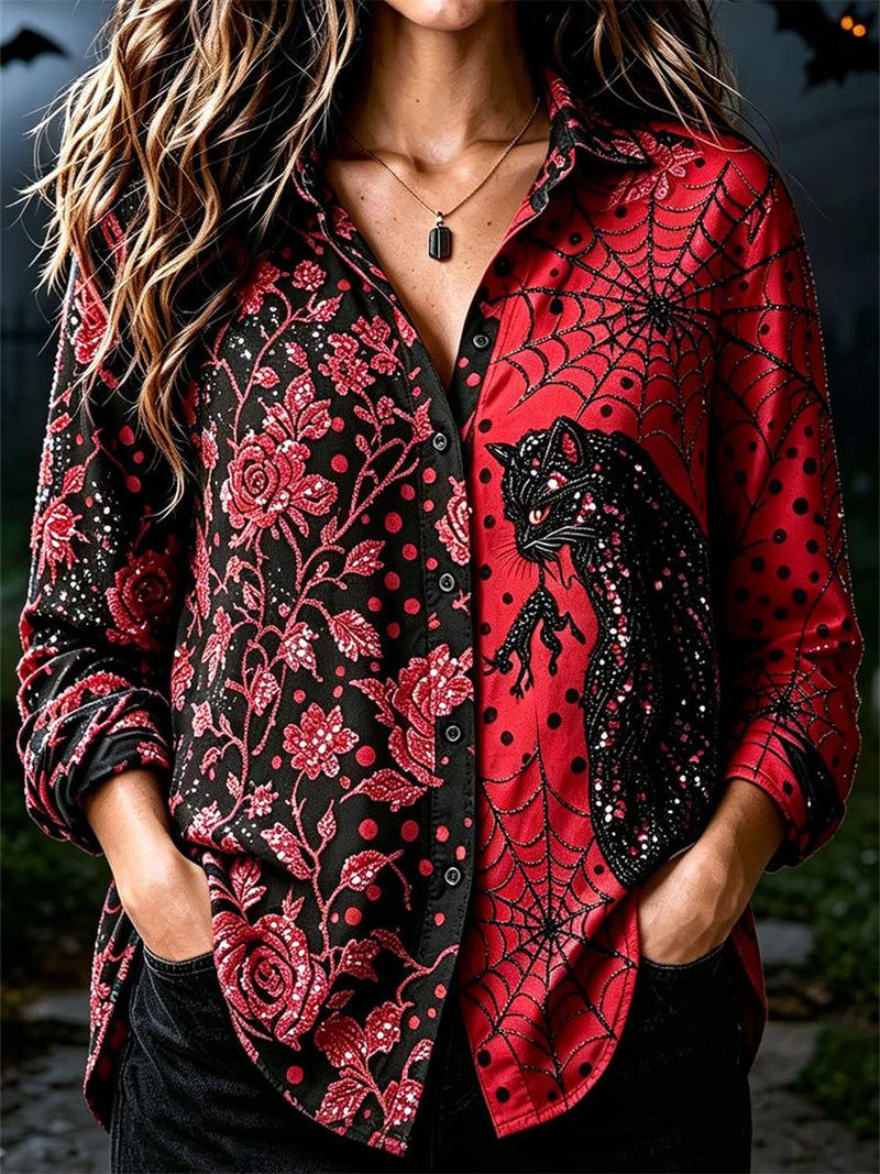 Women's Halloween Red Black Cat Spider Web Floral Patchwork Lapel Collar Long Sleeve Shirt