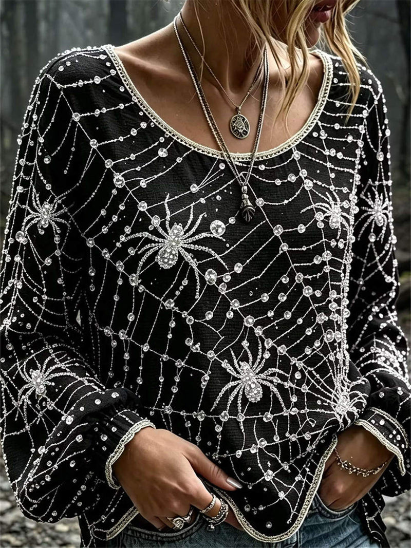 Women's Halloween Black Spider Web Round Neck Long Sleeve Blouse
