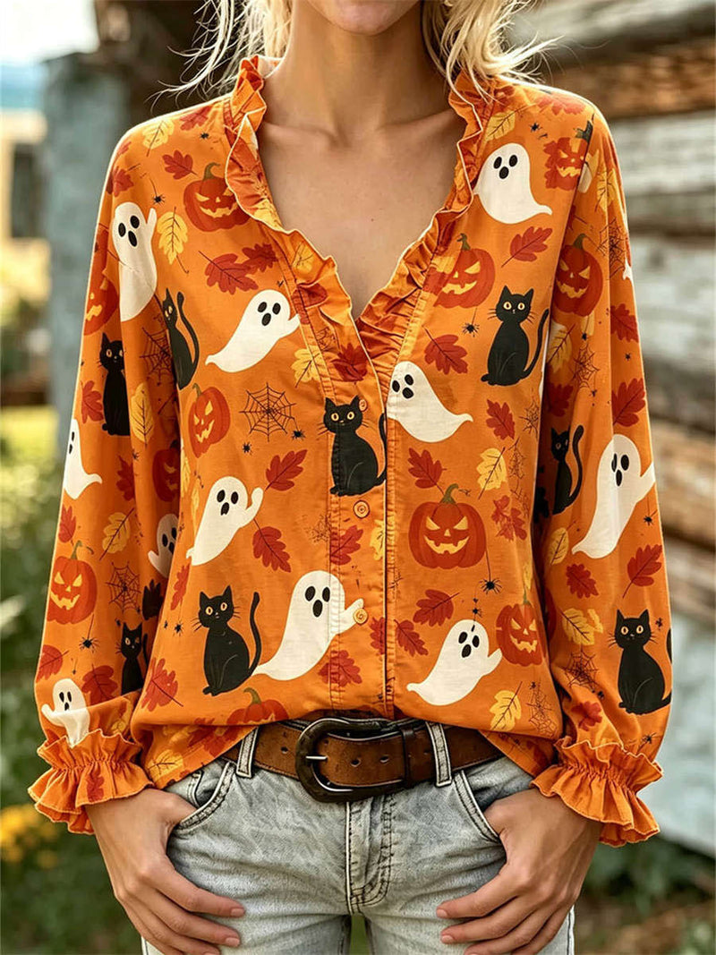 Women's Halloween Multi Ghost Cat Round Neck Ruffle Sleeve Blouse