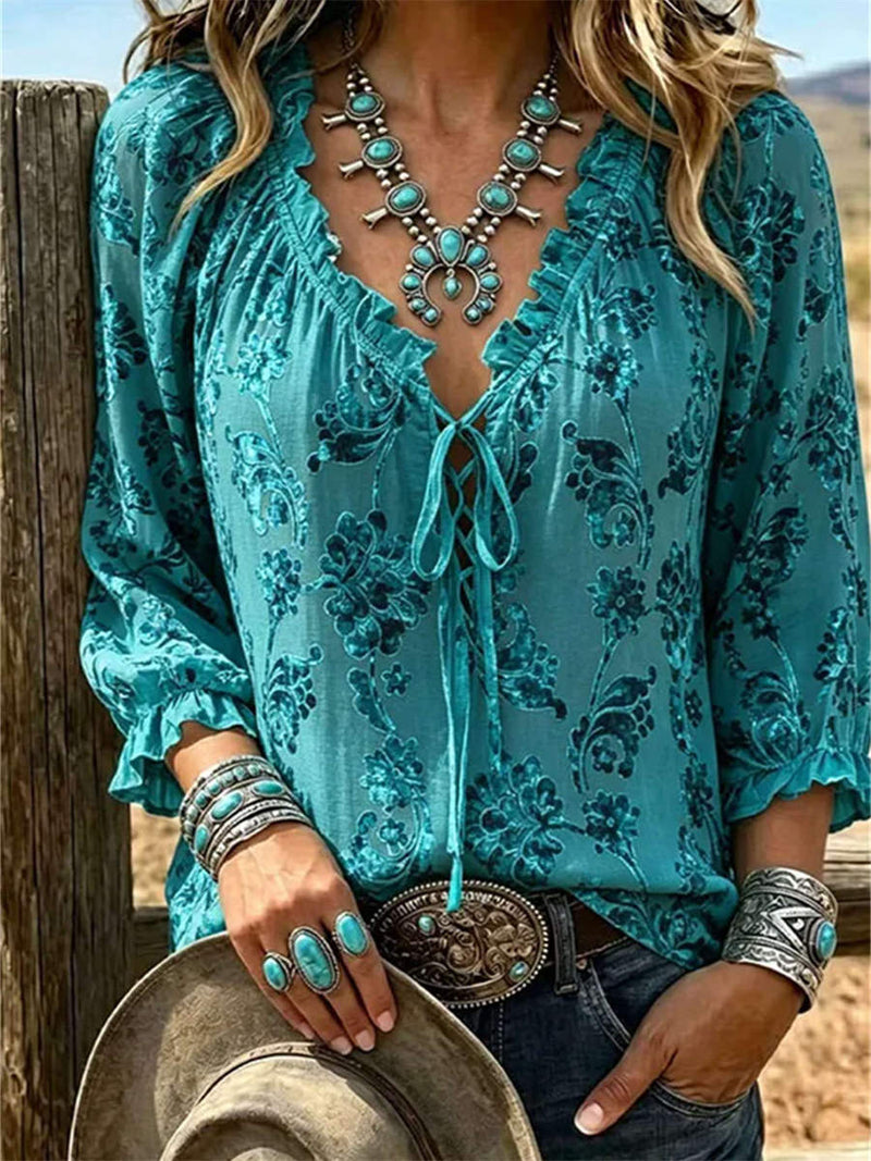 Women's Teal Floral Print V Neck Ruffle Sleeve Blouse