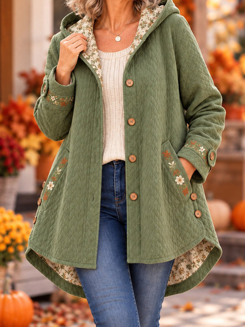 Women's Green Floral Print Hooded Long Sleeve Jacket