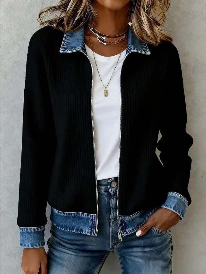 Women's Black Solid Lapel Long Sleeve Jacket