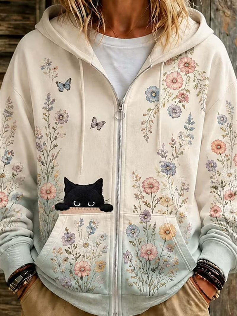 Women's Beige Cat Floral Print Hooded Zip Up Jacket