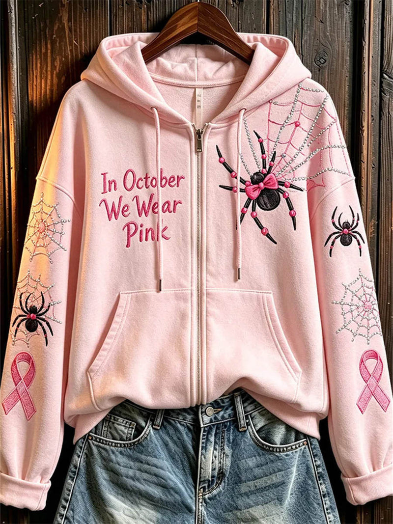 Women's Halloween Pink Spider Web Print Hooded Zip Up Jacket