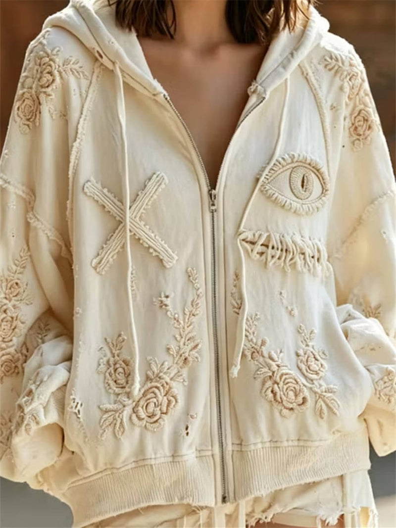 Women's Halloween Beige Floral Eye Cross Print Hooded Long Sleeve Jacket