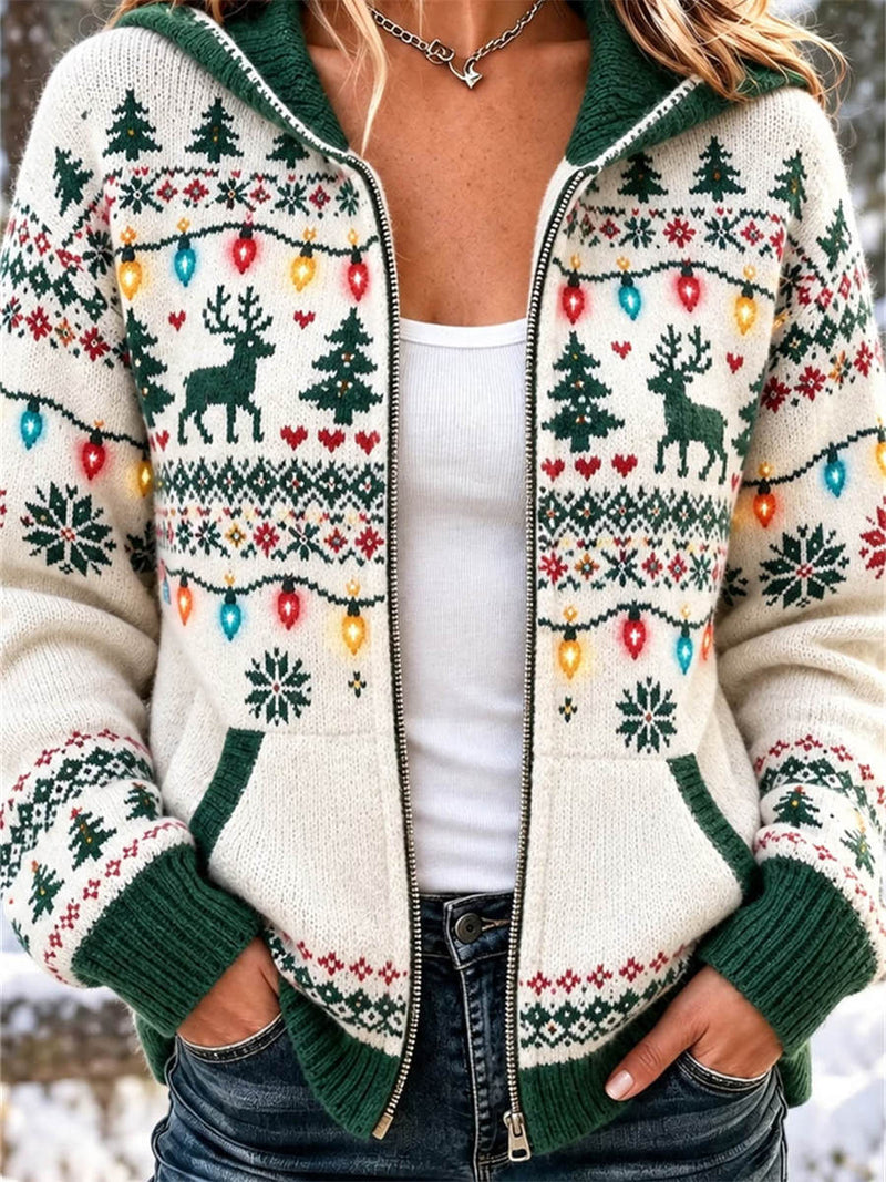 Women's Christmas Beige Deer Tree Print Hooded Long Sleeve Sweater Coat