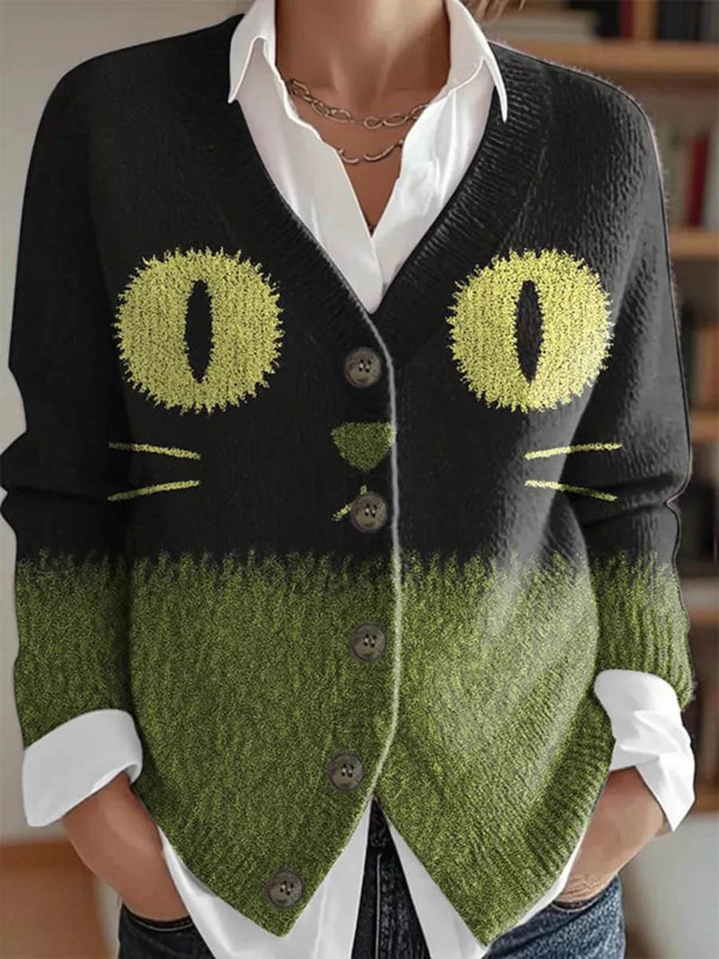 Women's Halloween Multi Cat Print V Neck Cardigan