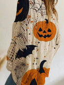 Women's Halloween Multi Pumpkin Bat Round Neck Long Sleeve Sweater