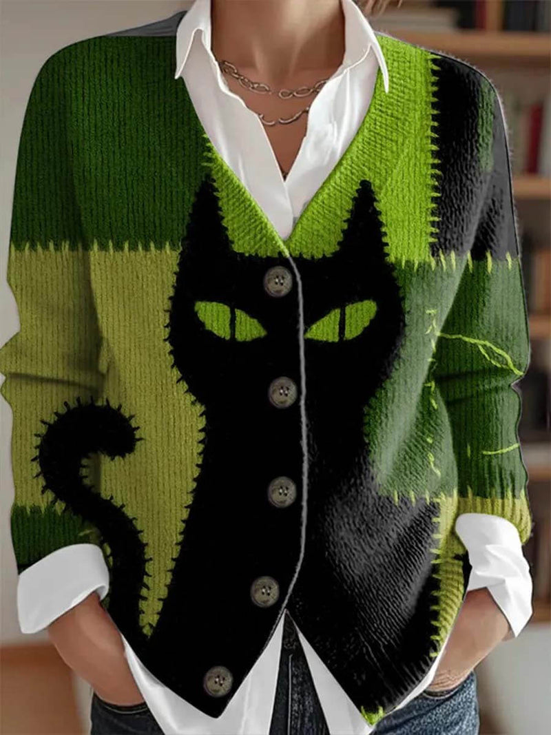 Women's Halloween Multi Black Cat Graphic V Neck Cardigan