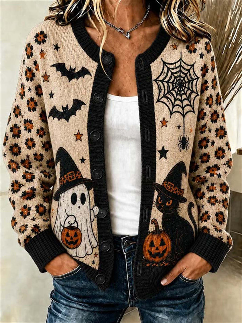 Women's Multi Halloween Ghost Cat Pumpkin Bat Round Neck Cardigan