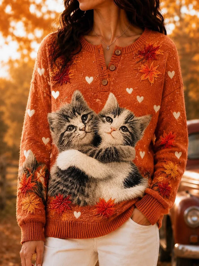Women's Orange Animal V Neck Long Sleeve Sweater