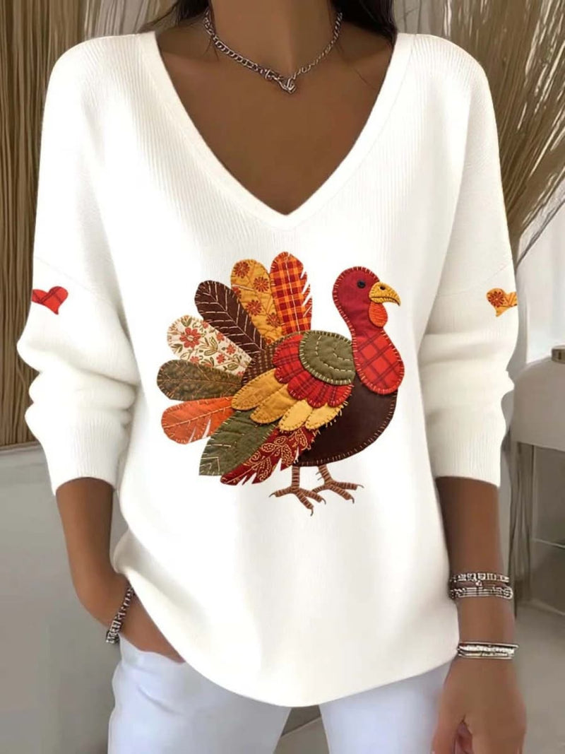 Women's White Animal Print V Neck Long Sleeve Sweater