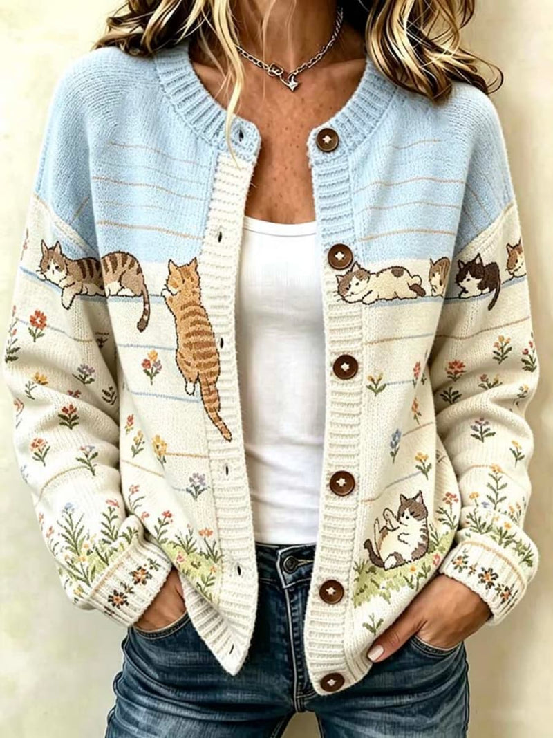 Women's Multi Cat Floral Print Round Neck Long Sleeve Cardigan