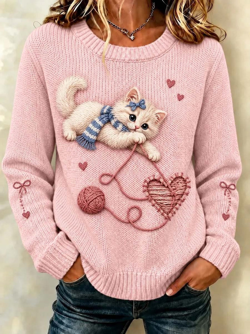 Women's Pink Cat Graphic Round Neck Long Sleeve Sweater