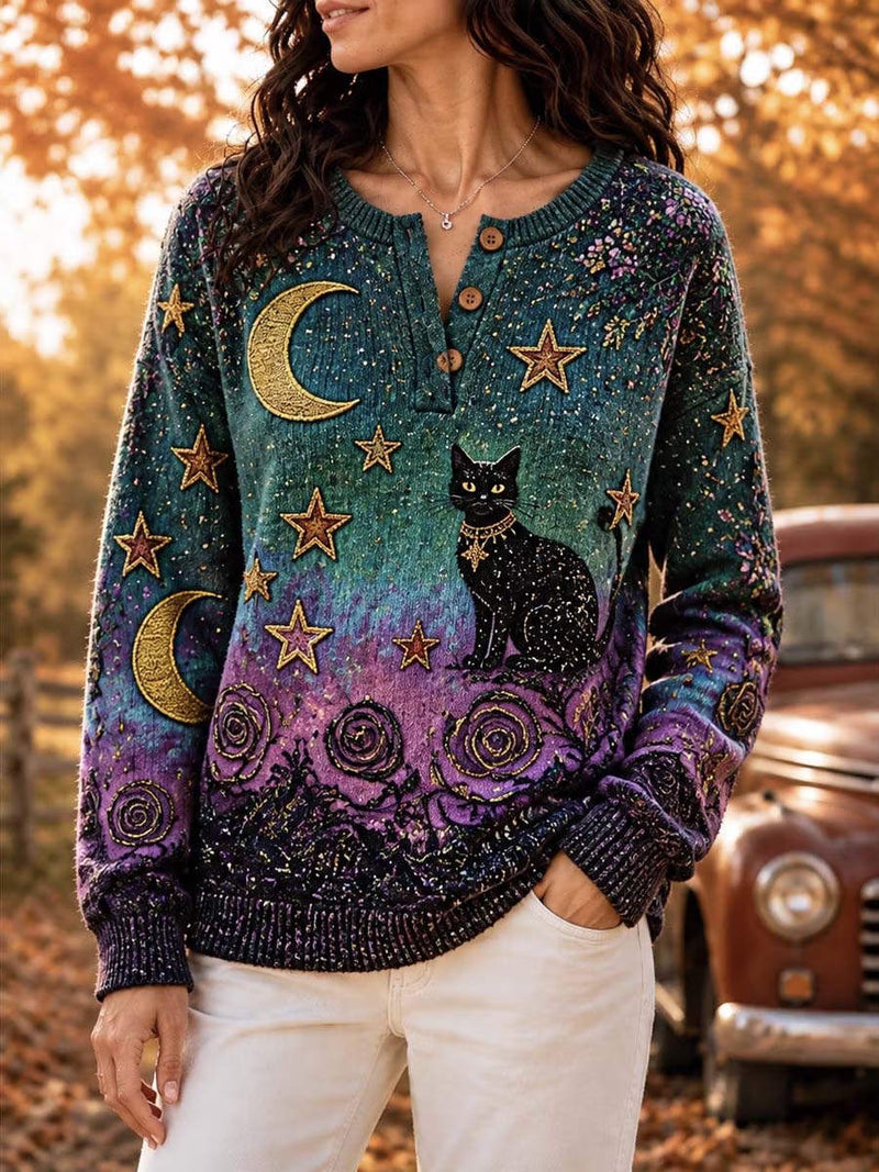 Women's Halloween Multi Cat Moon Star Henley Neck Sweater