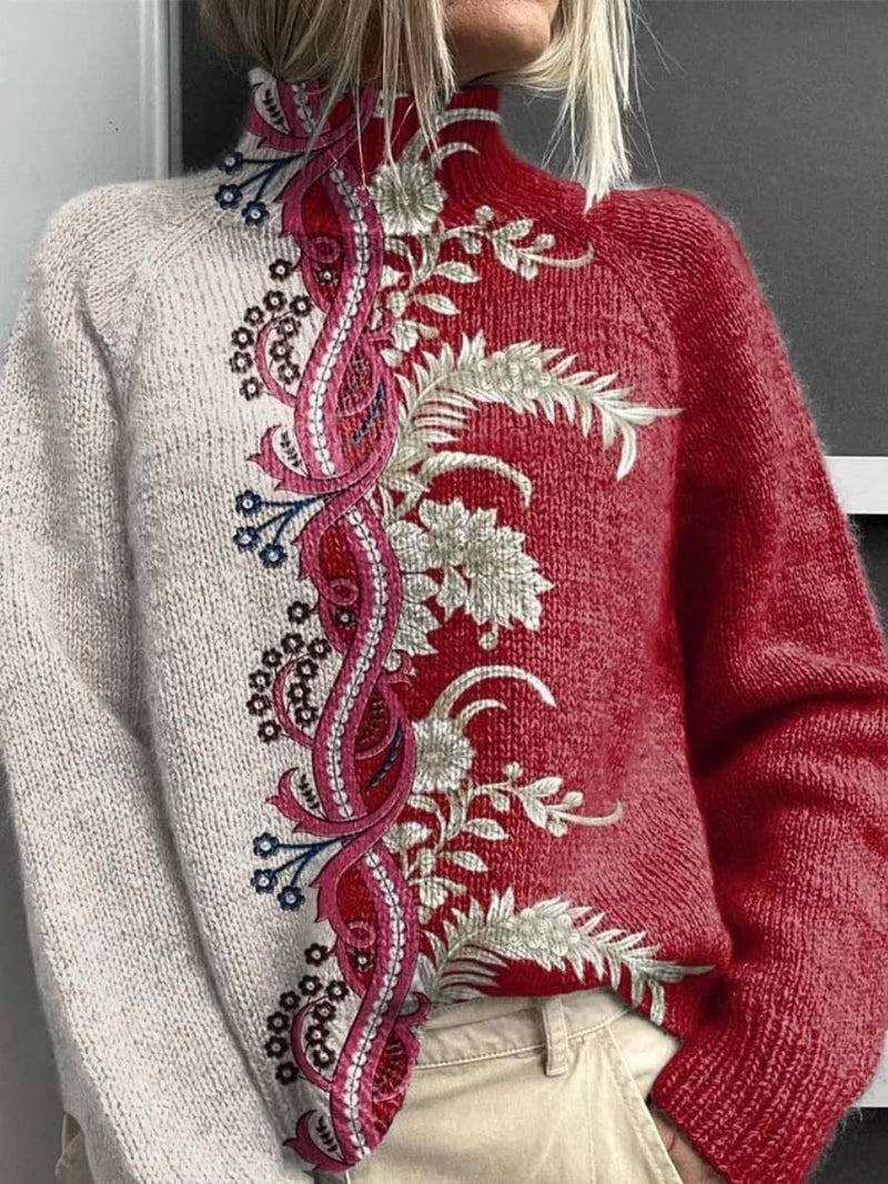 Women's Multi Color Block Floral Print Turtleneck Long Sleeve Sweater