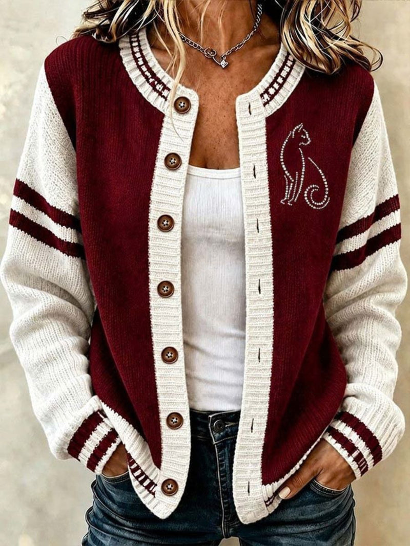 Women's Multi Cat Color Block Round Neck Long Sleeve Cardigan