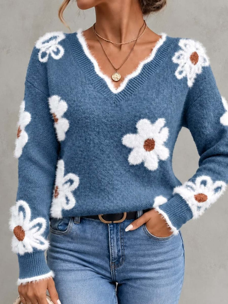 Women's Blue Floral V Neck Long Sleeve Sweater