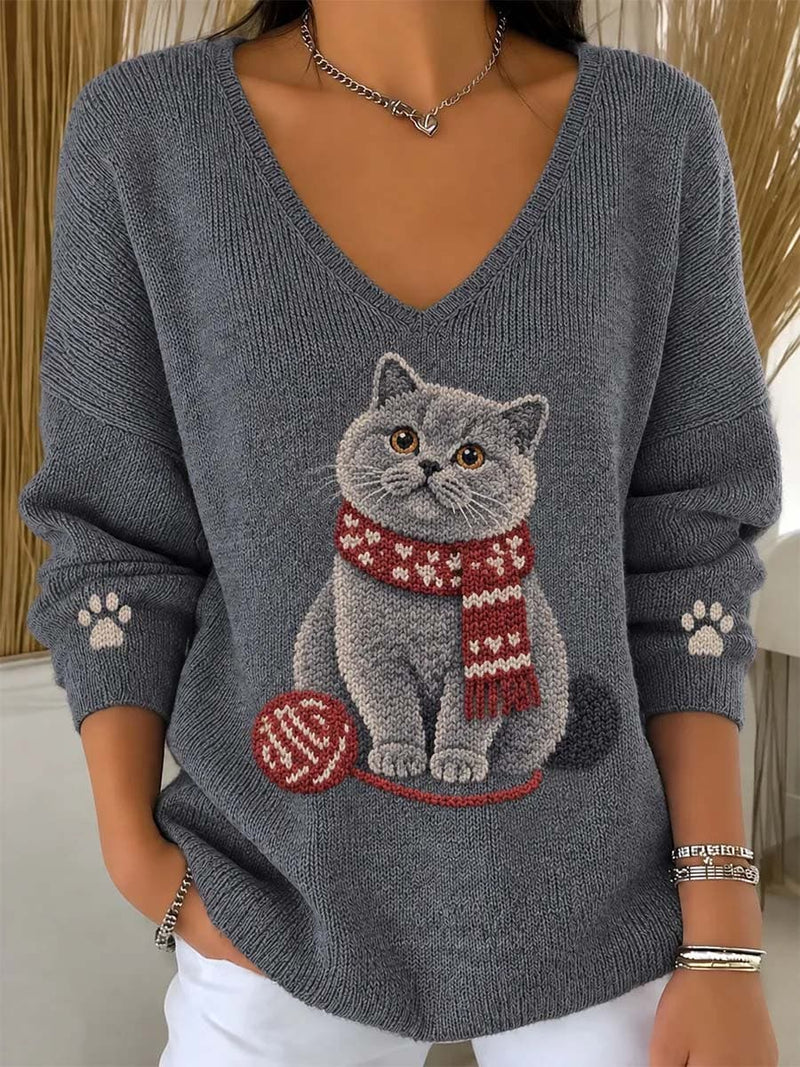 Women's Grey Cat V Neck Long Sleeve Sweater