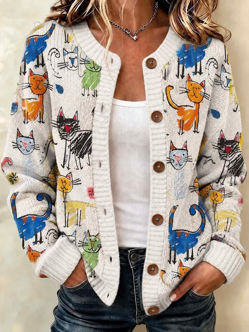 Women's Multi Cat Graphic Round Neck Long Sleeve Cardigan