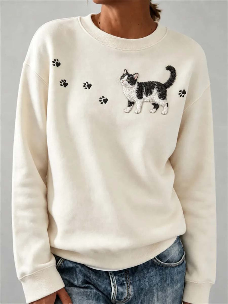 Women's Cream Cat And Paw Graphic Round Neck Long Sleeve Top