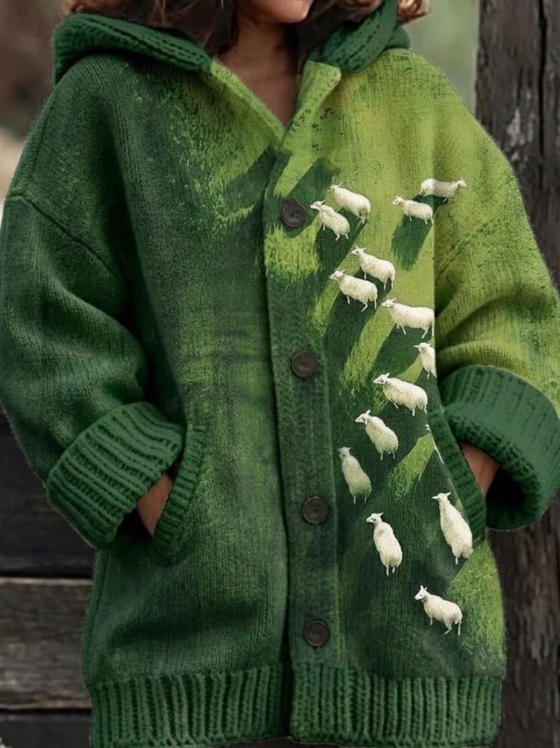 Women's Green Graphic Hood Long Sleeve Cardigan