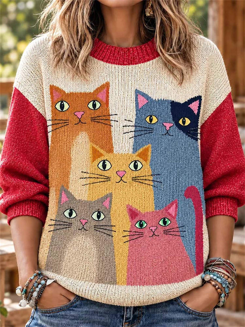 Women's Multi Cat Round Neck Long Sleeve Sweater