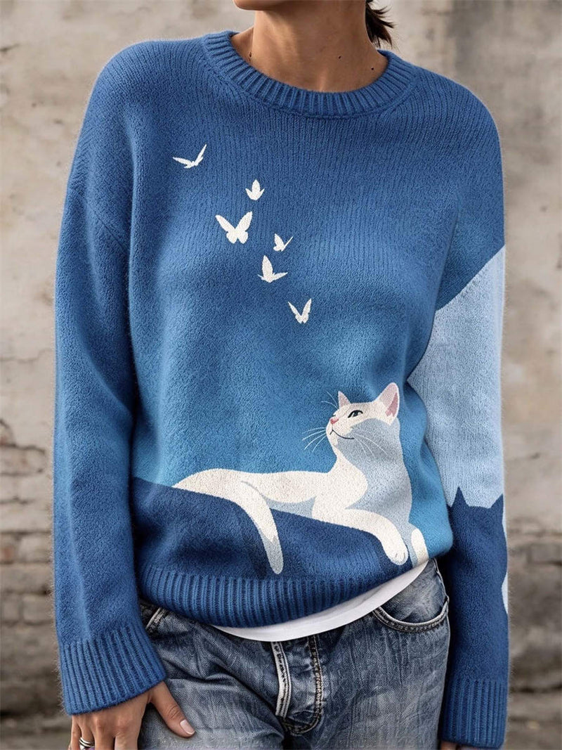 Women's Blue Cat Butterfly Round Neck Long Sleeve Sweater