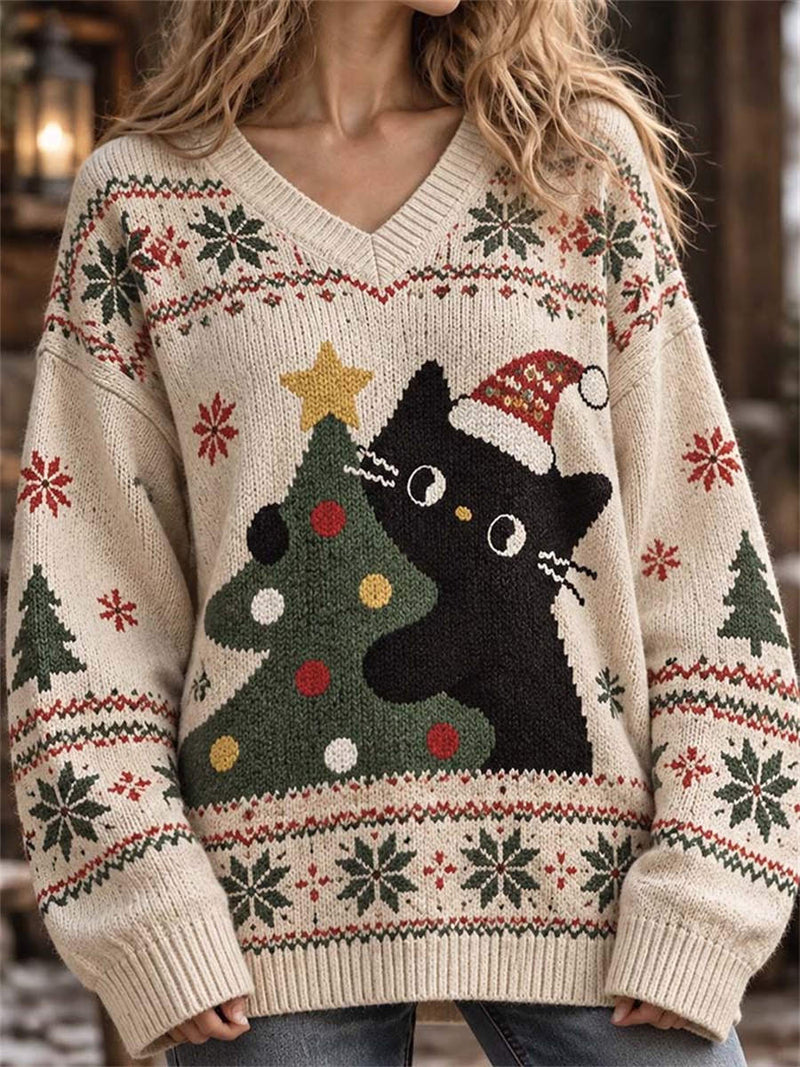 Women's Christmas Cream Cat Tree V Neck Sweater
