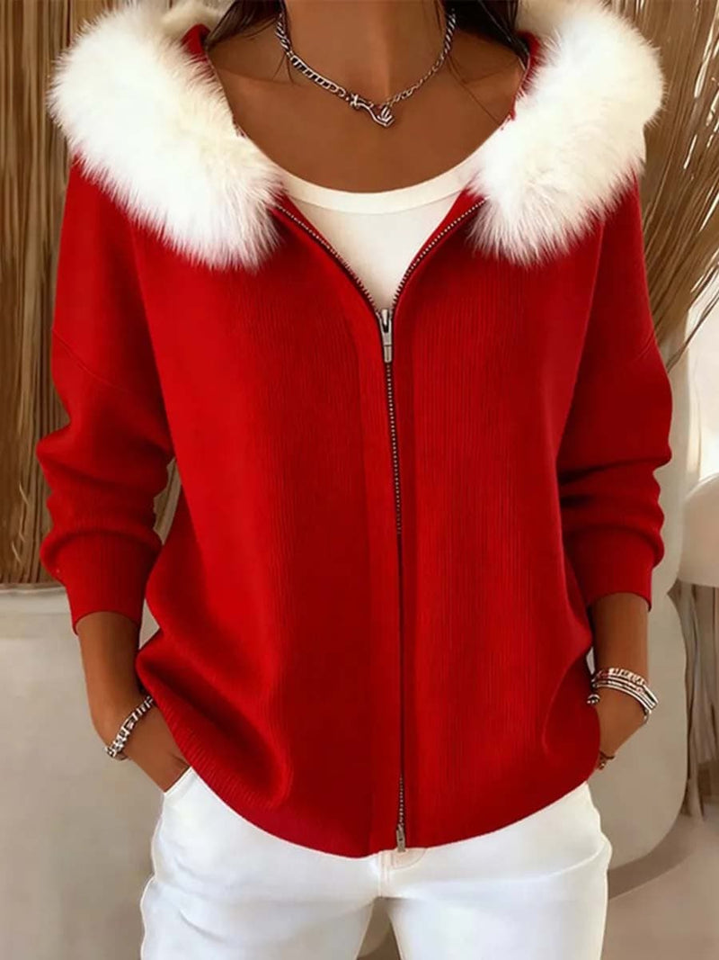 Women's Christmas Red Solid Hooded Zip Cardigan