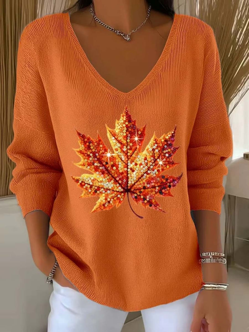 Women's Thanksgiving Orange Maple Leaf V Neck Long Sleeve Sweater