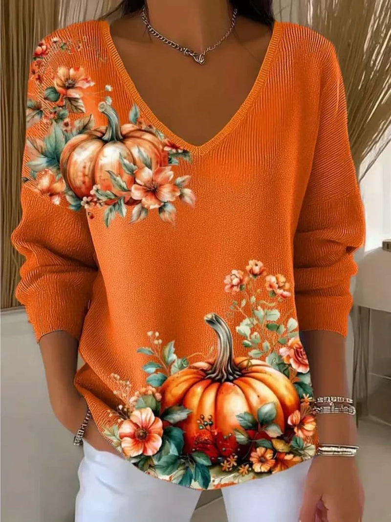Women's Thanksgiving Orange Pumpkin Floral V Neck Long Sleeve Sweater