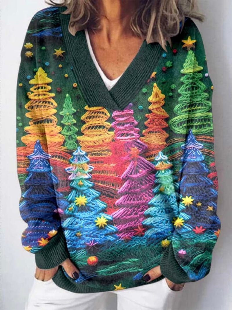Women's Christmas Multi Christmas Tree Print V Neck Long Sleeve Sweater