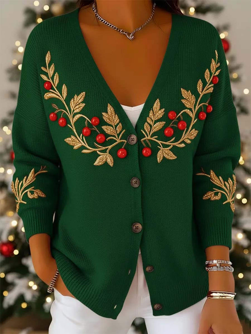 Women's Christmas Green Berry Leaf V Neck Cardigan