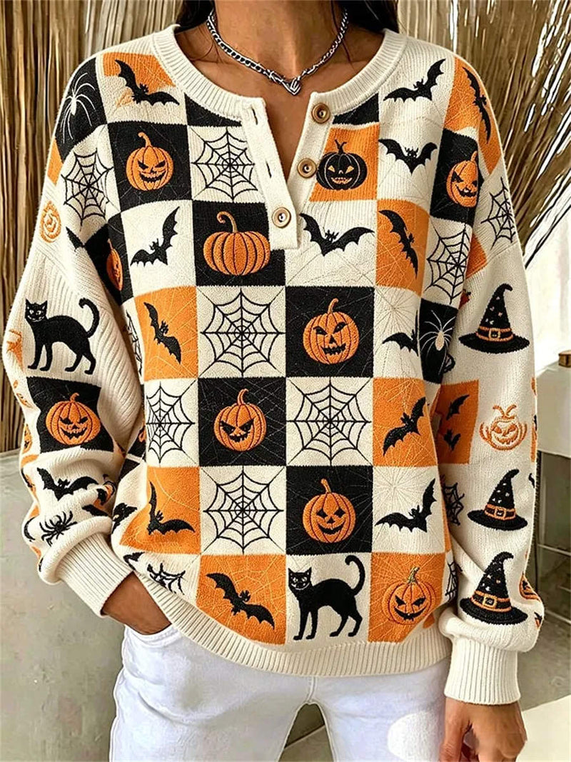 Women's Halloween Multi Pumpkin Bat Cat Plaid Print Henley Neck Sweater
