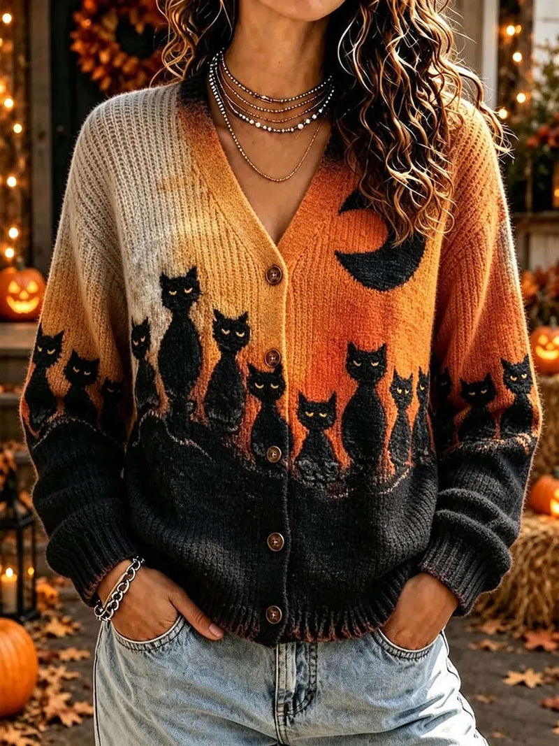 Women's Halloween Multi Black Cat Gradient V Neck Cardigan