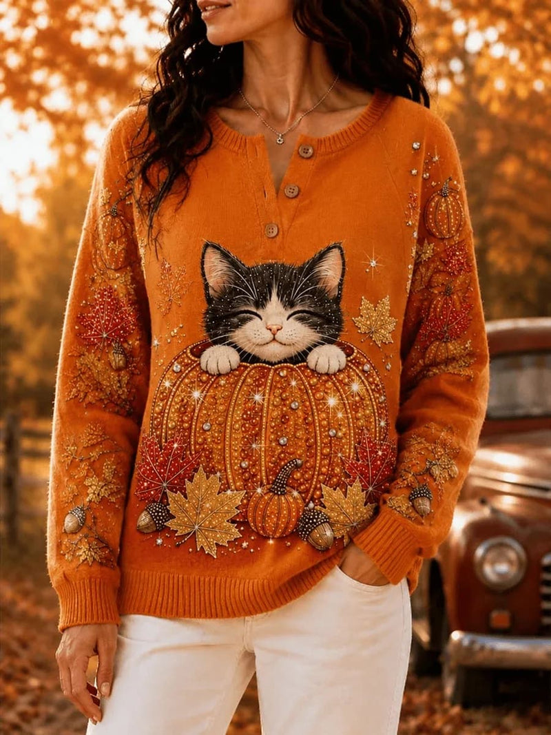 Women's Halloween Orange Cat Pumpkin Maple Leaf Henley Neck Sweater