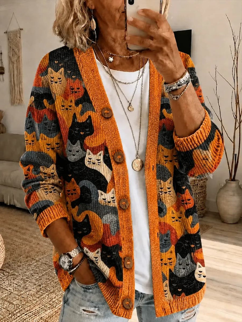 Women's Halloween Multi Cat Print V Neck Cardigan