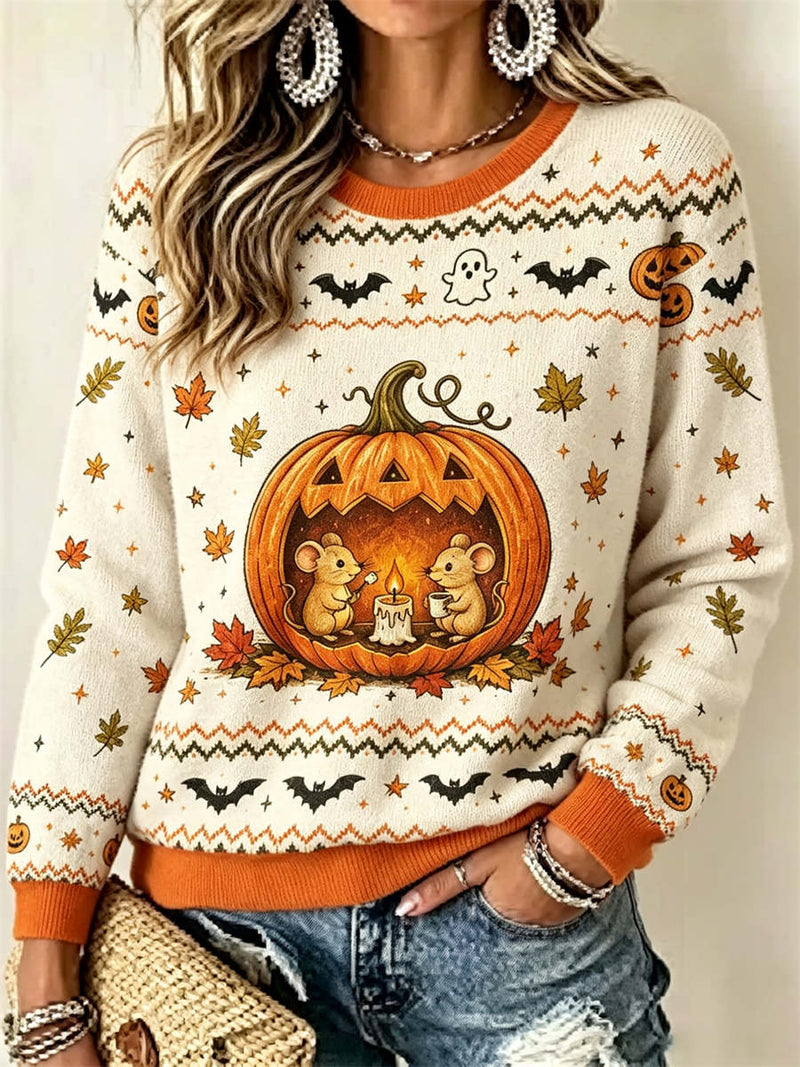 Women's Halloween Multi Pumpkin Mouse Ghost Round Neck Long Sleeve Sweater