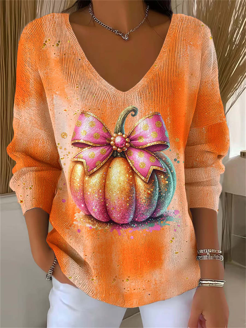 Women's Halloween Orange Pumpkin Bow Print V Neck Long Sleeve Sweater